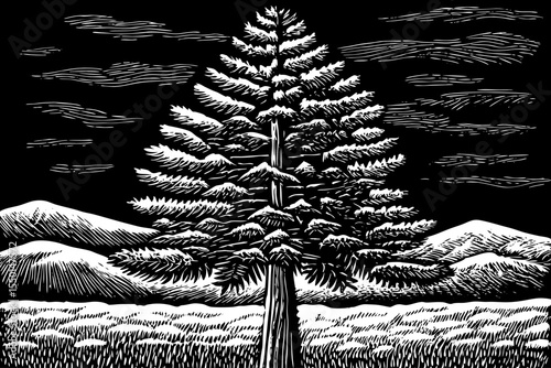 Pine tree with sharp needles and a tall, narrow shape standing in a winter landscape, a black and white sketch vector hand drawn