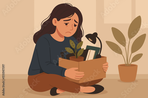 Sad unemployed woman sitting on floor with office box, plant, desk lamp, personal belongings after job loss, layoff, termination, unemployment. Concept of depression, downsizing, stress, crisis.