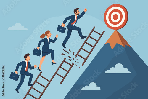 Business Team Climbing Broken Ladder to Target. Overcoming Obstacles, Success Concept. Reaching Goals, Leadership, Teamwork, Challenge, Achievement, Career Progress. Vector Illustration