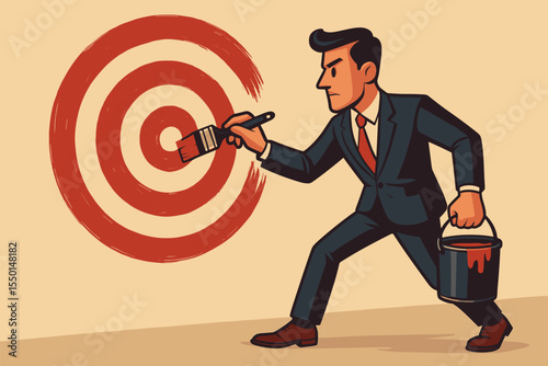 Ambitious businessman painting large red bullseye target on wall. Success, goal setting, business strategy, achievement, determination, vision, leadership, motivation concept. Vector illustration