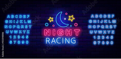 Night racing neon advertising. Evening car tournament. Moon and stars. Editable stroke. Vector stock illustration