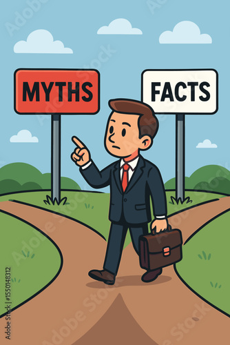 Business Decision Making Vector Cartoon. Businessman at Crossroads Choosing Between Myths and Facts. Concept of Critical Thinking, Truth Versus Falsehood, Rational Choices in Corporate Life