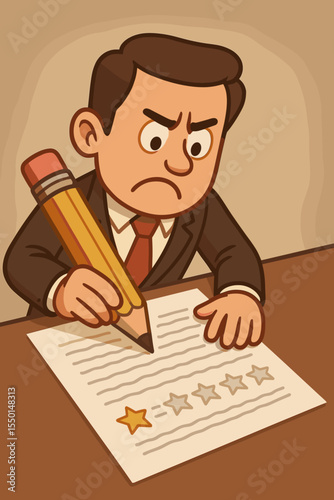 Unhappy businessman writing customer complaint letter, giving one star rating, reviewing poor service, negative feedback, dissatisfied client evaluation, cartoon vector illustration, office concept