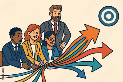 Diverse Business Team Collaboration Achieving Unified Goal, Multicolored Arrows Merging Skills Toward Target, Leadership, Teamwork, Project Strategy, Inclusive Office Concept, Vector Illustration