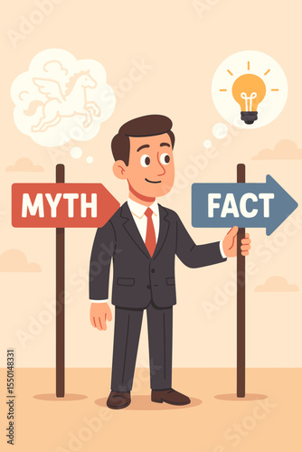 Businessman Choosing Fact Over Myth Concept. Vector Illustration of Decision Making, Critical Thinking, Truth Versus Fiction, Analytical Mindset, Rational Choice, Knowledge Versus Belief