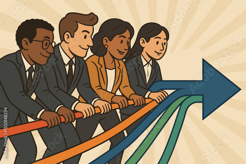 Diverse business team collaboration concept. Teamwork synergy merging skills, unified goal, group project, multi-ethnic professionals, cooperation, success, leadership, direction, vector illustration