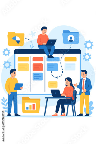 Teamwork Project Management Kanban Board. Collaboration, Task Assignment, Online Workflow, File Sharing, Productivity Tools, Office Meeting, Data Analysis, Business Communication, Vector Illustration