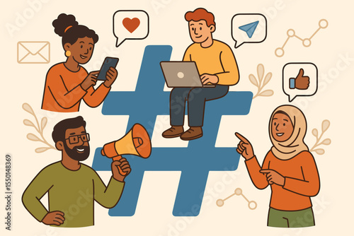 Diverse Multicultural People Engaged in Social Media Marketing, Digital Communication, Hashtag Networking, Online Messaging, Influencer Promotion, Team Collaboration, Vector Cartoon Illustration
