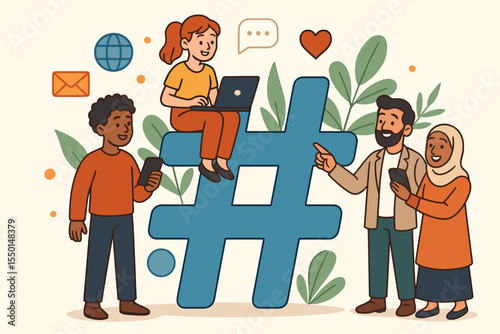 Multicultural group interacting with giant hashtag symbol. Social media marketing, digital communication, teamwork, online engagement, modern internet trends. Vector illustration concept.