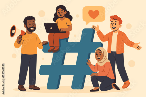 Diverse Group Working Together on Social Media Marketing Strategy with Hashtag Icon, Digital Communication, Teamwork, Collaboration, Multicultural People, Networking, Vector Cartoon Illustration
