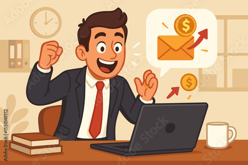 Excited business professional celebrating job promotion offer, new high salary position, successful career achievement, email notification, office workplace, vector cartoon illustration concept