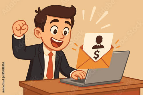 Excited businessman receiving job promotion email with higher salary offer at office desk, celebrating successful career advancement. Cartoon vector illustration of employee achievement and motivation