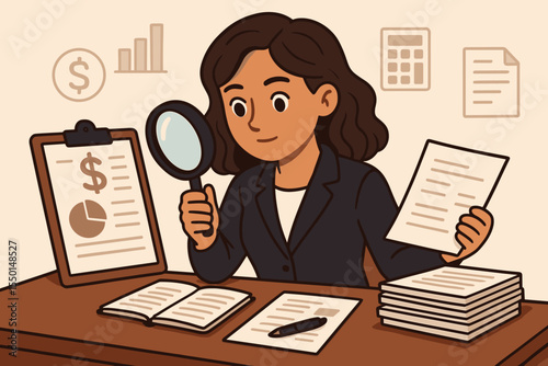 Female auditor analyzing financial documents with magnifying glass, accounting review, audit investigation, business finance evaluation, office paperwork, compliance vector cartoon illustration