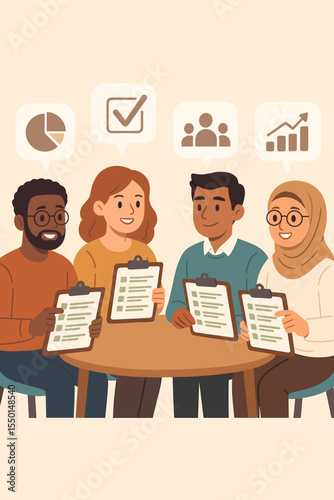 Diverse focus group participants conducting market research survey, holding clipboards, discussing data analysis, public opinion, customer feedback, business strategy insights. Vector illustration