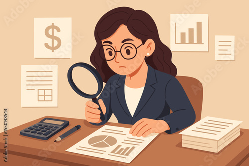 Businesswoman Auditor Analyzing Financial Documents with Magnifying Glass, Accounting Review, Auditing Process, Tax Inspector, Office Desk, Calculator, Charts, Paperwork, Vector Illustration