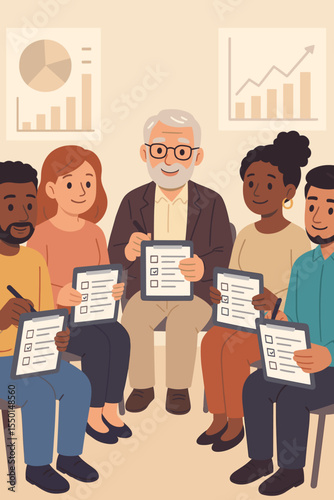 Diverse focus group discussion holding survey forms, market research, consumer feedback, public opinion poll, customer insight analysis, teamwork, group interview, vector illustration