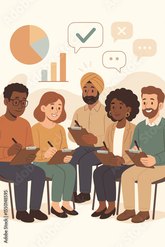 Diverse focus group market research survey. Multicultural people discussing public opinion, customer feedback, data analysis. Community teamwork, social study, business insights, vector illustration