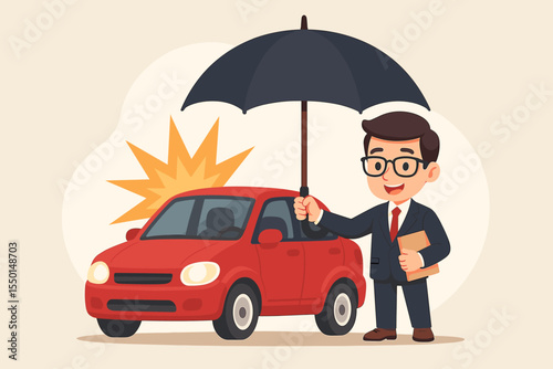 Car accident insurance concept. Cartoon agent protects red car with umbrella. Auto insurance safety, coverage, liability, claim protection. Risk management, financial security vector illustration