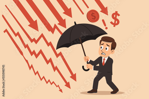 Businessman shielded by umbrella protecting against falling stock market crash, investment risk, economic downturn, financial crisis, loss, decline, anxiety. Vector cartoon illustration