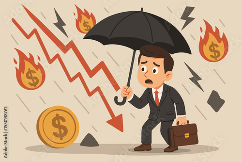 Worried businessman holding umbrella protecting from stock market crash, falling prices, investment risk, financial crisis, burning money, declining graph, business failure, economic downturn