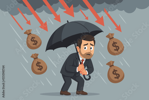 Businessman shielding with umbrella from falling money bags and red arrows. Financial crisis, investment risk, economic downturn, market crash metaphor. Cartoon vector illustration concept