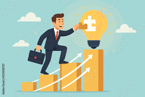 Ambitious businessman completing success puzzle, climbing growth chart, reaching innovation goal, symbolizing leadership, entrepreneurship, achievement, new ideas, creativity, business solution