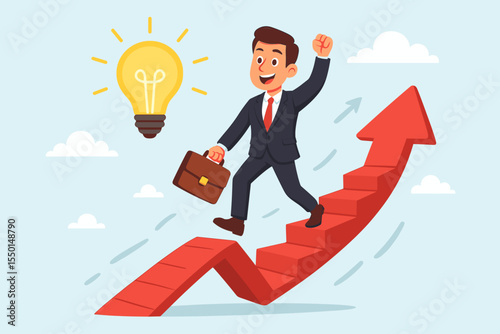 Cartoon businessman climbing upward arrow stairs, symbolizing career growth, business success, innovation, achievement, motivation, ambition, idea generation, leadership, and professional development