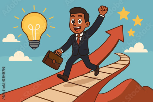 Ambitious Businessman Reaching Success, Climbing Upward Arrow Pathway with Briefcase, Lightbulb Idea, Innovation, Achievement, Career Growth, Cartoon Vector Illustration, Motivation, Goals