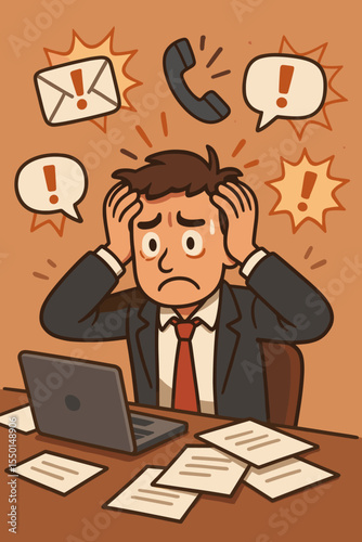 Stressed businessman overwhelmed by digital communication overload, urgent messages, notifications, emails, phone calls, anxiety at work, time pressure, burnout concept, office vector illustration