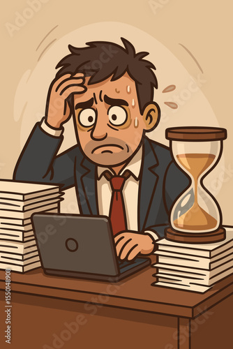Stressed businessman overwhelmed by paperwork and deadline, sweating at desk with piles of documents, laptop, hourglass symbolizing time pressure, overwork, office burnout, cartoon vector illustration