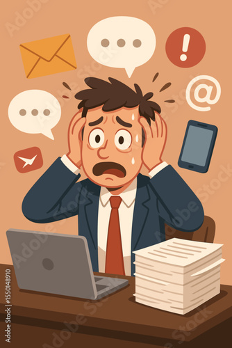 Stressed businessman overwhelmed by digital communication overload, urgent messages, email notifications, multitasking at office desk, paperwork, mental pressure, cartoon vector illustration