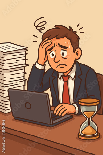 Stressed overworked businessman under deadline pressure at office desk with laptop, stack of paperwork, hourglass, sweating anxious expression, cartoon vector illustration, time management concept