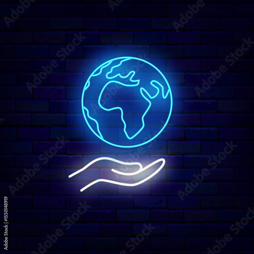 Hand with globe neon badge. International world day. Save the planet. Arm symbol. Vector stock illustration