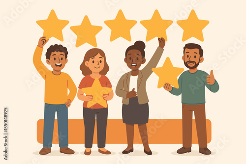 Diverse group holding stars, giving five star customer feedback, positive review, rating concept, teamwork, satisfaction, appreciation, rewarding service, cartoon vector illustration