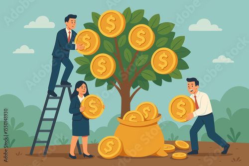 Business people harvesting gold coins from money tree. Financial growth, investment success, wealth accumulation, profit, teamwork. Cartoon vector illustration for finance and business concepts.