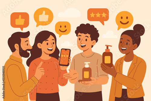 Diverse group sharing positive product reviews, word of mouth marketing, brand feedback, customer satisfaction, social proof, digital recommendations, vector illustration, communication concept