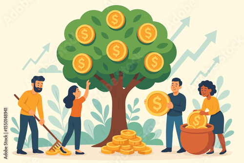 Wealth Growth Concept, People Collecting Coins from Money Tree, Financial Success, Investment, Economic Prosperity, Income Generation, Savings, Profit, Wealth Accumulation Vector Illustration