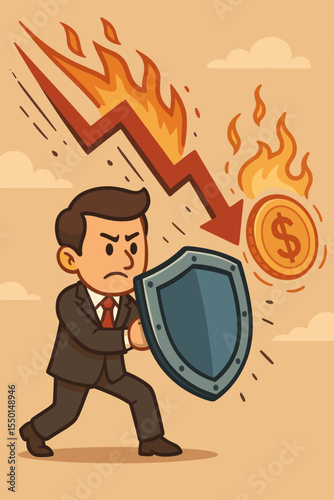 Businessman Defending Investments With Shield Against Financial Crisis, Stock Market Crash, Burning Dollar, Recession, Inflation, Economic Downturn, Vector Cartoon Risk Protection Concept