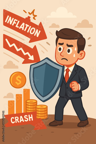 Businessman in Suit Holding Shield Defending Investments From Inflation, Market Crash, Financial Crisis, Money Loss, Economic Downturn, Cartoon Vector Illustration, Financial Protection Concept