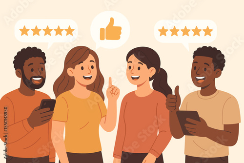 Diverse group sharing positive product reviews, five-star ratings, thumbs up, word of mouth marketing, social influence, customer feedback, digital devices, vector illustration, recommendation concept