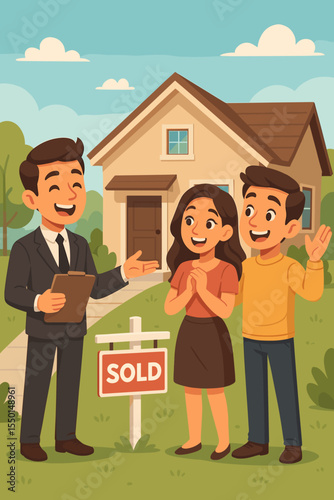 Real estate agent celebrating successful house sale with happy couple in front of new home, sold sign, suburban property purchase, ownership, realty transaction, cartoon vector illustration