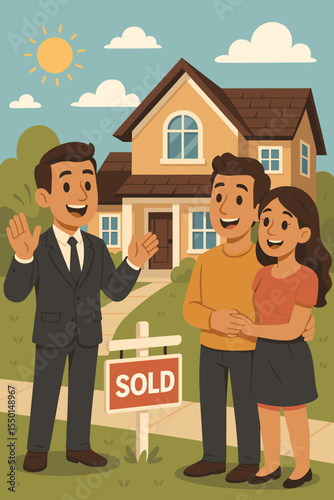 Happy couple buying new home, real estate agent closing house sale, modern suburban property, family homeowners, sold sign, residential real estate transaction, mortgage approval, moving day concept