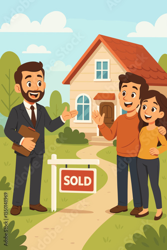 Happy young couple buying new home from real estate agent. Cartoon vector illustration of house sold, real estate transaction, homeowners celebrating purchase, moving into property, successful sale