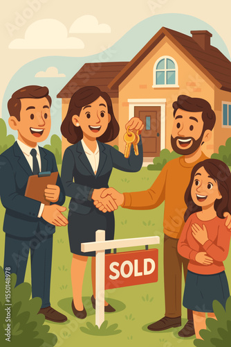 Real estate agent handing keys to happy family after successful house sale, handshake, sold sign, new home ownership, cartoon vector illustration, residential property purchase success