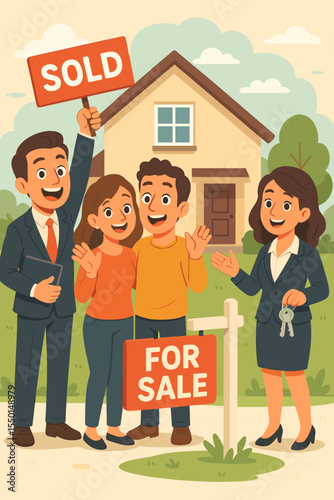 Happy real estate agents closing house sale with clients, celebrating home purchase, new homeowners receiving keys, sold sign, residential property, family moving in, cartoon vector illustration