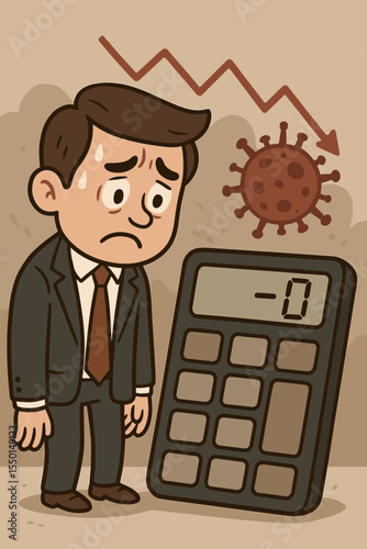 Worried businessman, economic downturn, financial loss due to virus outbreak. Negative profits, business crisis, cartoon character sweating, calculator showing zero, declining graph, recession impact