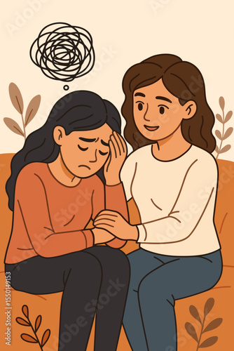 Compassionate woman comforting sad friend with anxiety, mental health support, empathy and encouragement, emotional care, friendship help, cartoon vector illustration, psychological counseling concept