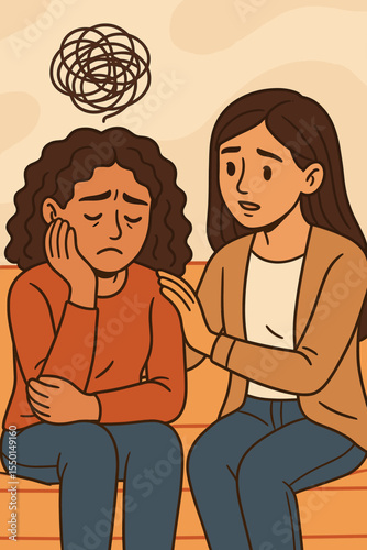 Friendship support during mental health struggle. Woman comforting depressed friend on couch. Emotional encouragement, empathy, listening, counseling, stress relief, anxiety help. Vector illustration.