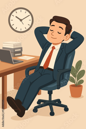 Businessman Relaxing in Office Chair Taking Break from Work, Time Management, Workplace Stress Relief, Productivity, Corporate Office Interior, Desk with Laptop, Cartoon Vector Illustration