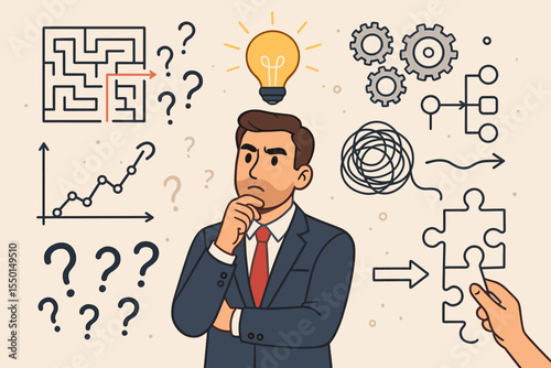 Businessman Thinking Creative Solutions, Problem Solving Process, Finding Innovative Answers, Decision Making, Strategy Planning, Maze, Puzzle, Chart, Gears, Workflow, Vector Illustration